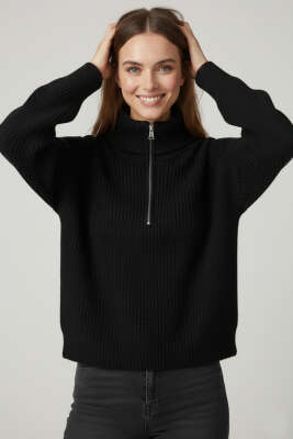 Yaka Fermuarlı Triko Kazak Siyah - Thumbnail