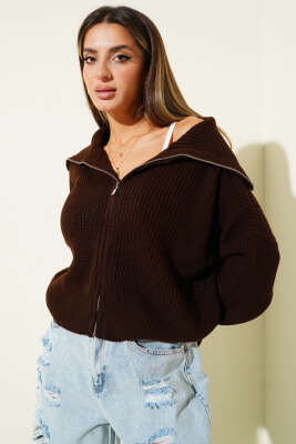 Pazarium - Selanik Örgülü Fermuarlı Hırka Kahve