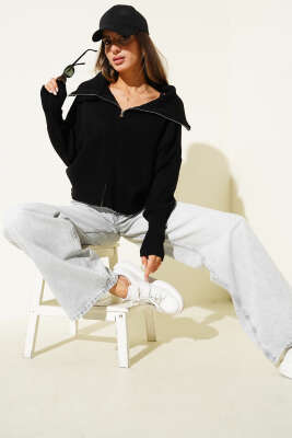 Pazarium - Selanik Örgülü Fermuarlı Hırka Siyah