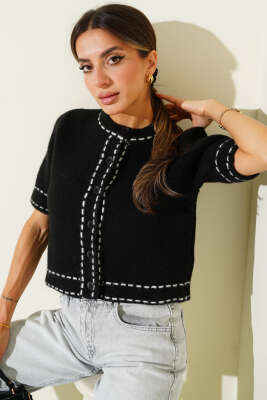 Çizgi Detaylı Kısa Kollu Triko Hırka Siyah - Thumbnail