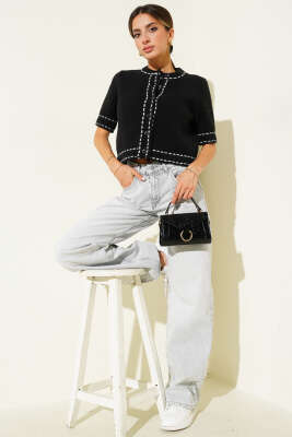 Çizgi Detaylı Kısa Kollu Triko Hırka Siyah - Thumbnail