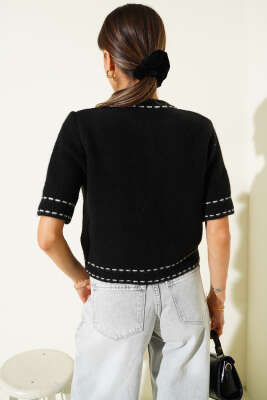 Çizgi Detaylı Kısa Kollu Triko Hırka Siyah - Thumbnail
