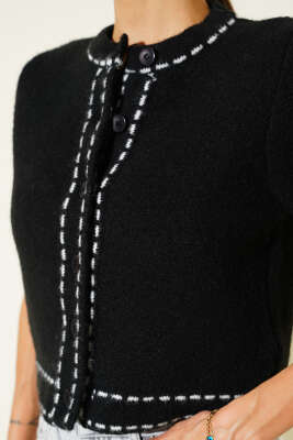 Çizgi Detaylı Kısa Kollu Triko Hırka Siyah - Thumbnail