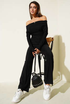 Pazarium - Madonna Yaka Uzun Kollu İkili Takım Siyah