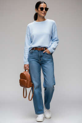 Pazarium - Bisiklet Yaka Sakallı Kazak Mavi