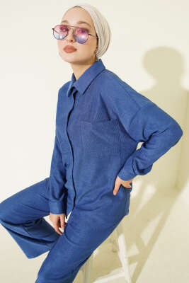 Pazarium - İnce Fitilli Cepli Gömlek İkili Takım Lacivert