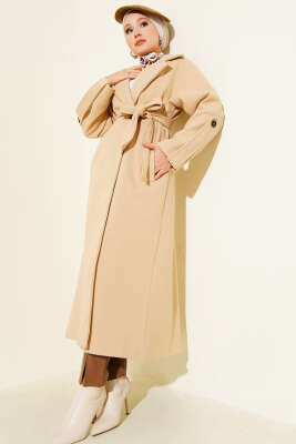 Pazarium - Fitilli Kuşaklı Kaşe Kaban Bej