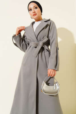 Pazarium - Fitilli Kuşaklı Kaşe Kaban Gri