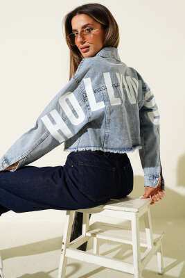 Pazarium - Hollywood Baskılı Crop Ceket Kot Mavisi