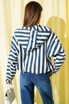 Çİft Cepli Çizgili Ceket Petrol - Thumbnail