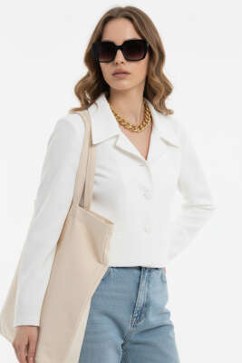 Pazarium - Sahte Cepli Düğmeli Ceket Beyaz