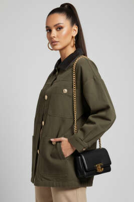 Pazarium - Deri Gömlek Yakalı Düğmeli Ceket Haki