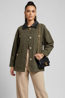 Deri Gömlek Yakalı Düğmeli Ceket Haki - Thumbnail