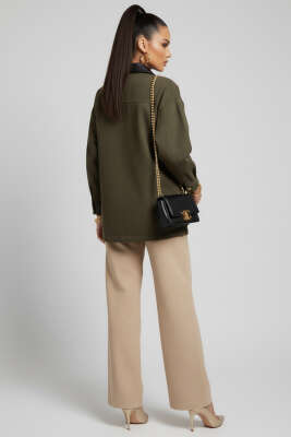 Deri Gömlek Yakalı Düğmeli Ceket Haki - Thumbnail