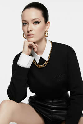 Pazarium - Paris İşlemeli 3 İplik Sweat Siyah