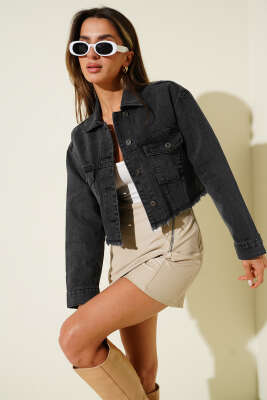 Pazarium - Baskılı Crop Kot Ceket Füme