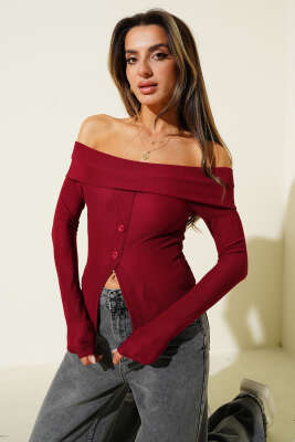 Pazarium - Madonna Yaka Düğmeli Bluz Bordo