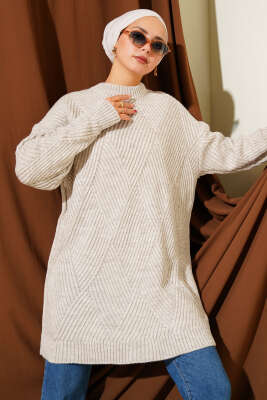 Pazarium - Çizgi Baklava Desen Triko Tunik Taş