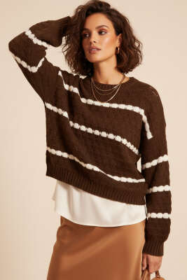 Pazarium - Petek Örme Detaylı Çizgili Kazak Kahve