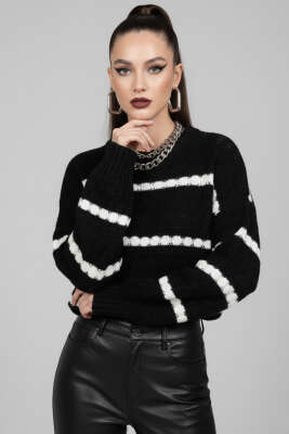 Pazarium - Petek Örme Detaylı Çizgili Kazak Siyah