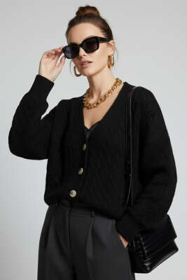 Pazarium - Oversize Cepli Örgü Hırka Siyah