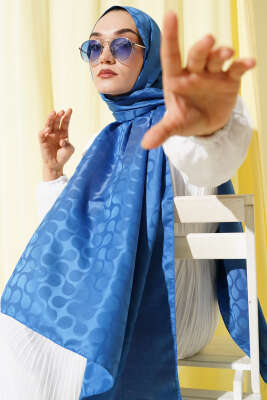 Pazarium - Damga Desen Jakar Şal Mavi