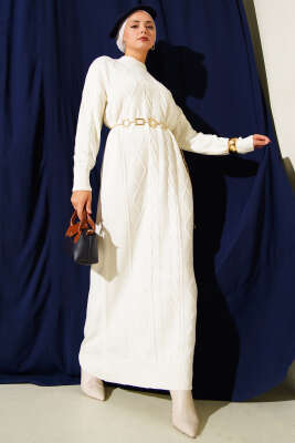 Pazarium - Kıvrım Örgülü Triko Elbise Ekru