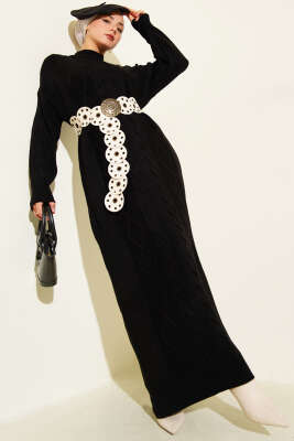 Pazarium - Kıvrım Örgülü Triko Elbise Siyah