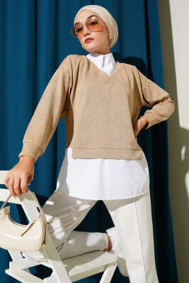 Pazarium - Gömlek Yakalı Granili Tunik Bej