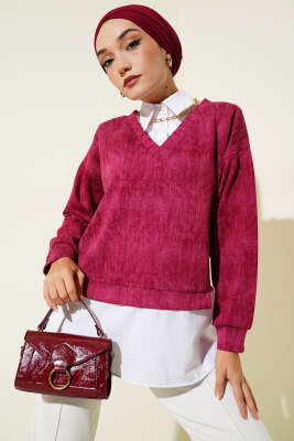 Pazarium - Gömlek Yakalı Granili Tunik Bordo