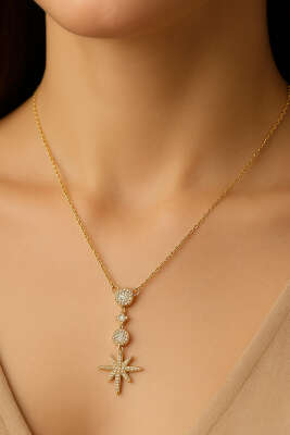 Pazarium - Kutup Yıldızlı Taşlı Kolye Gold