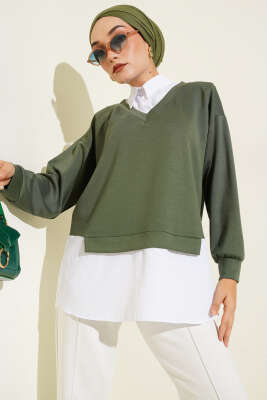 Pazarium - Gömlek Yakalı Granili Tunik Haki