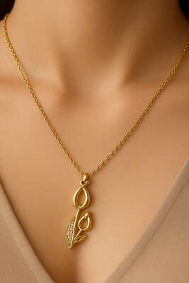 Pazarium - Lale Desen Taşlı Kolye Gold