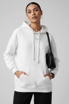 Pazarium - Kapüşonlu Kanguru Cepli Sweatshirt Ekru