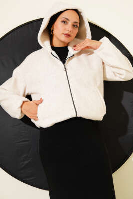 Pazarium - Kapüşonlu Kısa Kaşe Ceket Bej