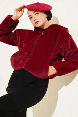 Pazarium - Kapüşonlu Kısa Kaşe Ceket Bordo