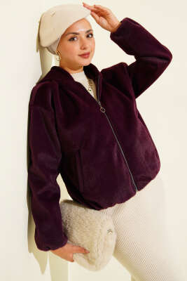 Pazarium - Kapüşonlu Kısa Kaşe Ceket Mürdüm