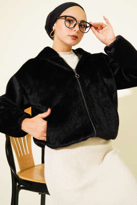 Pazarium - Kapüşonlu Kısa Kaşe Ceket Siyah