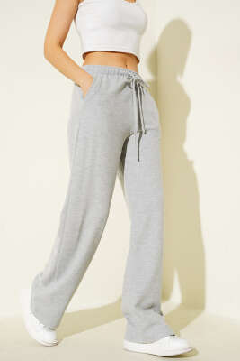 Pazarium - İp Bağcıklı Bol Paça Pantolon Gri