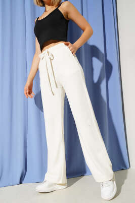 Pazarium - İp Bağcıklı Bol Paça Pantolon Krem