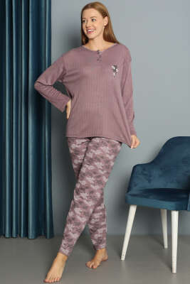 Pazarium - Çiçek Desenli Fitilli Pijama Takımı Mürdüm
