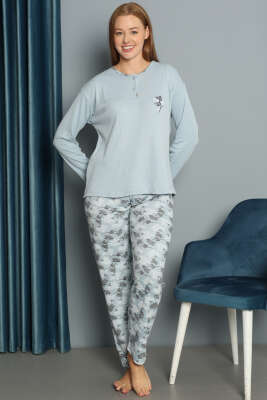 Pazarium - Çiçek Desenli Fitilli Pijama Takımı Bebe Mavi