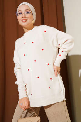 Pazarium - Küçük Kalp Nakışlı Triko Kazak Taş