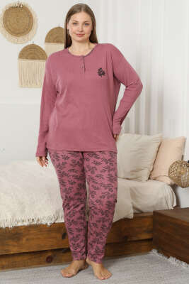 Pazarium - Desenli Büyük Beden Pijama Takımı Gül Kurusu