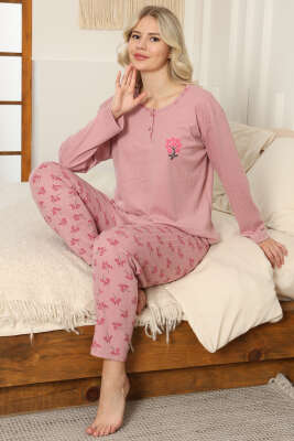 Pazarium - Çiçekli Fitilli Pijama Takımı Pudra