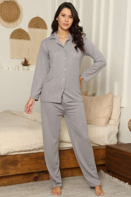 Pazarium - Fitilli Gömlek Yaka Pijama Takımı Gri