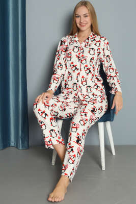 Pazarium - Penguen Desen Süet Pijama Takımı Beyaz