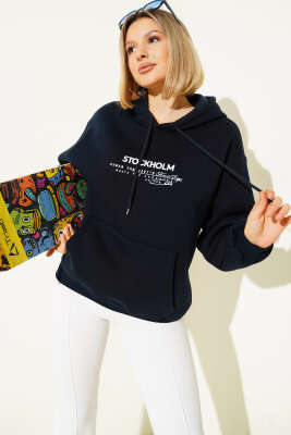 Kapüşonlu Stockholm Baskılı Sweatshirt Lacivert - Thumbnail