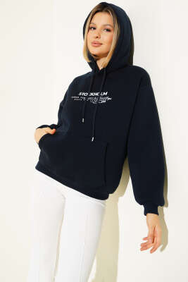 Kapüşonlu Stockholm Baskılı Sweatshirt Lacivert - Thumbnail