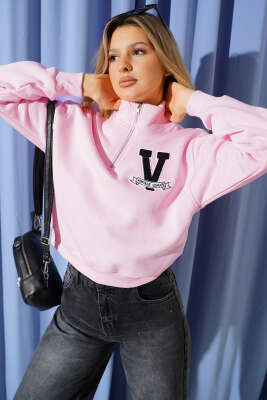 Pazarium - Vintage Baskılı Üç İpli Sweatshirt Pembe